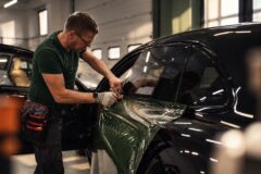 Man brengt groene folie aan op de zijkant van een zwarte auto in een werkplaats