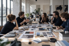 Creatief team bespreekt brand guidelines, kleurgebruik en visuele identiteit tijdens een strategische brandsessie.