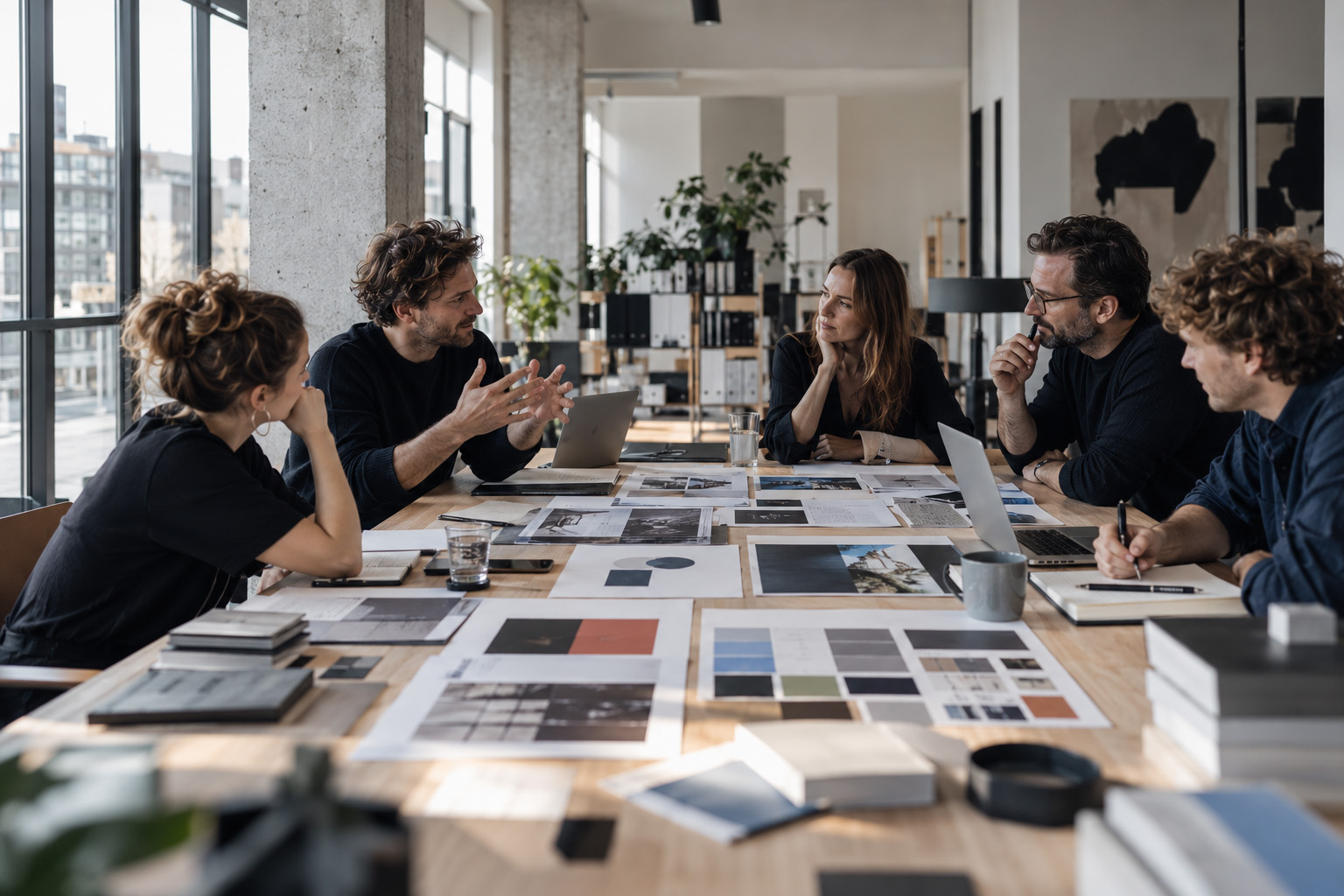 Creatief team bespreekt brand guidelines, kleurgebruik en visuele identiteit tijdens een strategische brandsessie.