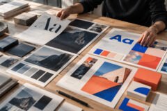 Ontwerper vergelijkt typografie, kleurpaletten en moodboards voor een visuele identiteit.
