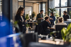 Medewerkers werken samen binnen een organisatie onder het toeziend oog van een HR verantwoordelijke