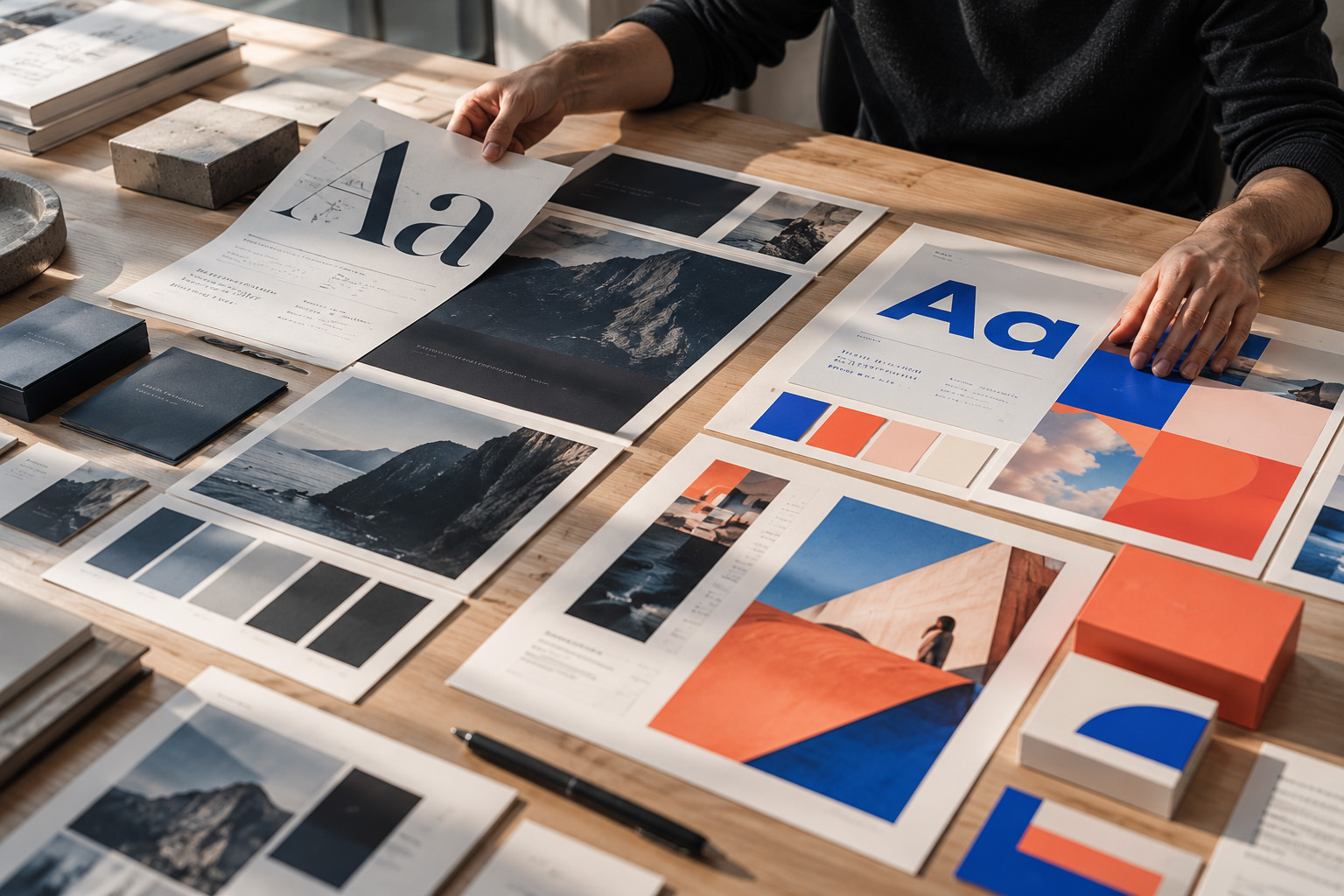 Designer vergelijkt typografie, kleurpaletten en beeldstijlen om een consistente visuele identiteit te ontwikkelen.